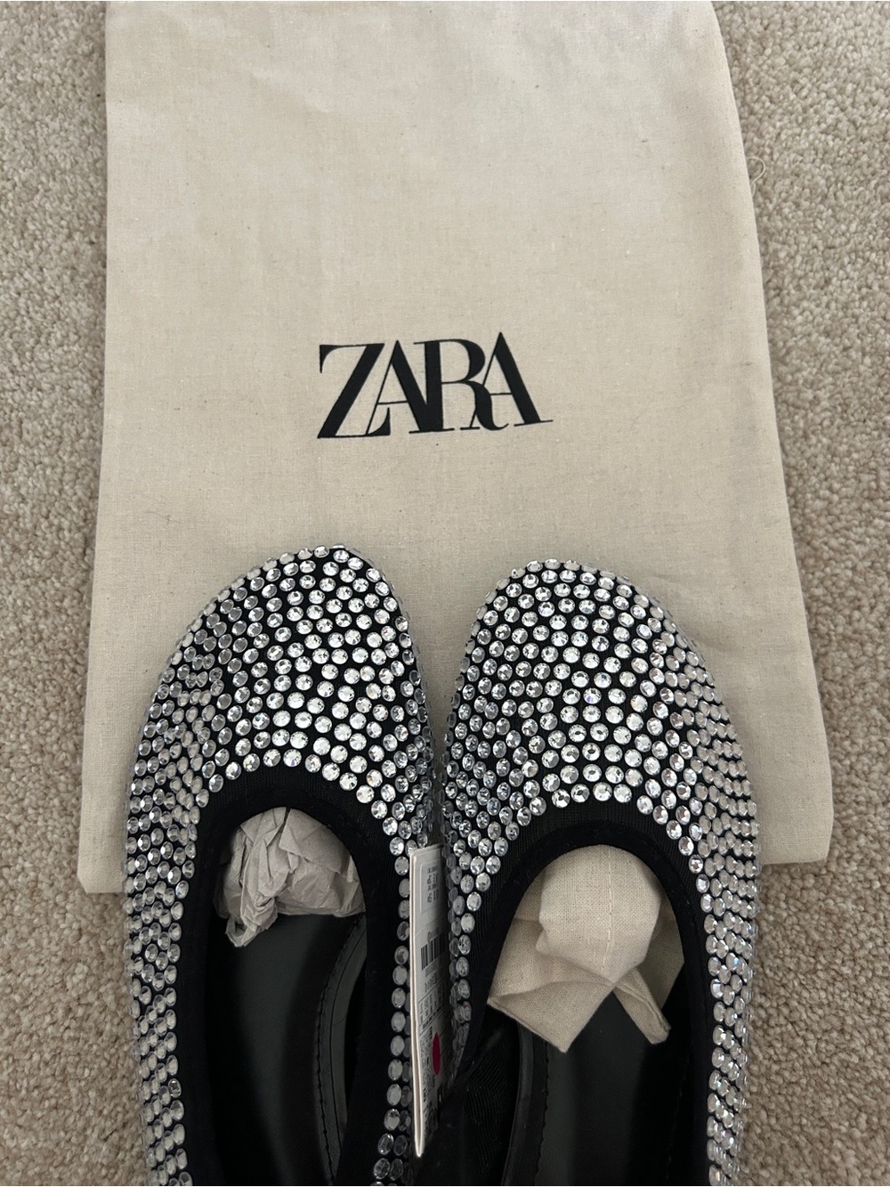 Zara black ballet flats with silver rhinestones